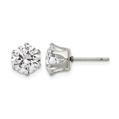 Chisel Stainless Steel Polished 8 mm Round Cubic Zirconia Stud Stud Earrings, 8.89 mm Long