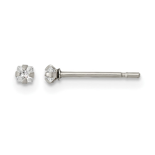 Chisel Stainless Steel Polished 2 mm Square Cubic Zirconia Stud Stud Earrings, 2.36 mm Long