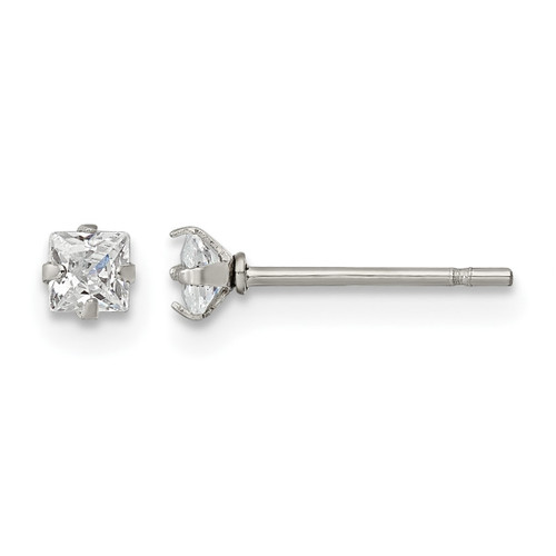 Chisel Stainless Steel Polished 3 mm Square Cubic Zirconia Stud Stud Earrings, 3.43 mm Long