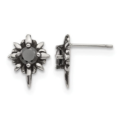 Chisel Stainless Steel Antiqued and Polished with Black Cubic Zirconia Stud Earrings, 15.2 mm