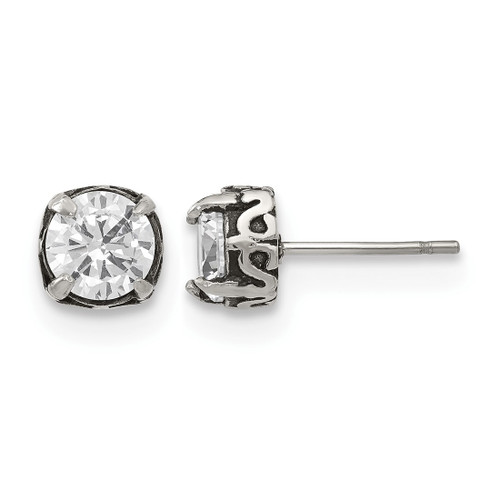 Chisel Stainless Steel Antiqued and Polished Cubic Zirconia Stud Earrings, 8 mm - SRE1243