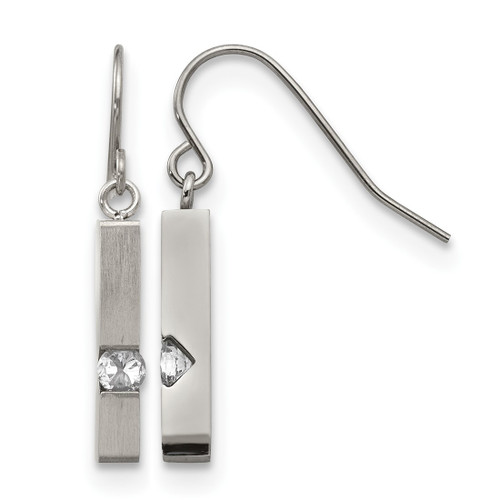 Chisel Stainless Steel Brushed and Polished with Cubic Zirconia Bar Dangle Shepherd Hook Drop French Wire Earrings, 20 mm