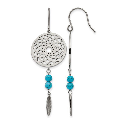 Stainless Steel Polished with Imit.Turquoise Dreamcatcher Dangle French Wire Earrings, 68.23 mm