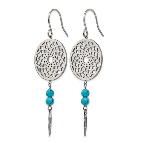 Stainless Steel Polished with Imit.Turquoise Dreamcatcher Dangle French Wire Earrings, 68.23 mm - View 2