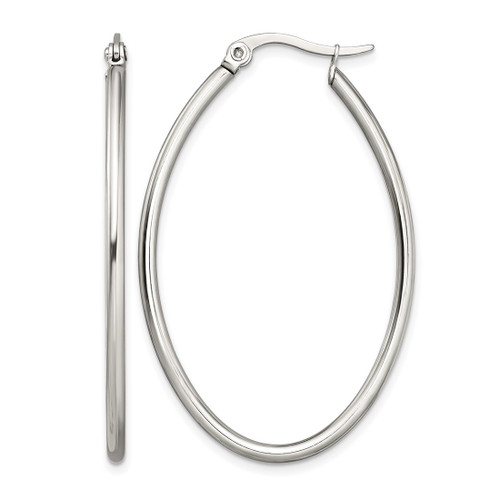 Chisel Stainless Steel Polished 30 mm Diameter 2 mm Oval Hoop Earrings, 45 mm Long