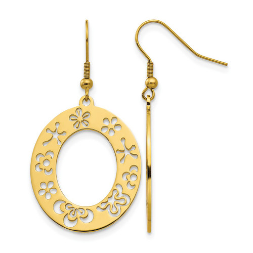 Stainless Steel Polished Yellow Ion-Plated Flower Cutout Shepherd Hook Drop French Wire Earrings, 31.6 mm