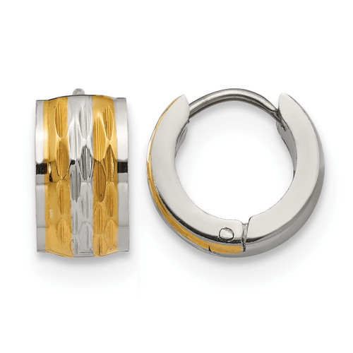 Chisel Stainless Steel Polished and Textured Yellow Ion-Plated 7 mm Hinged Hoop Earrings, 13 mm Long