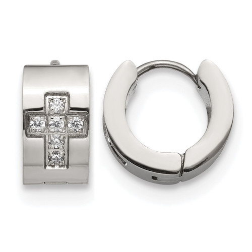 Chisel Stainless Steel Polished with Cubic Zirconia Cross 7 mm Hinged Hoop Earrings, 12 mm Long