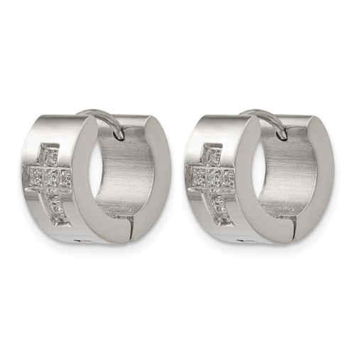 Chisel Stainless Steel Polished with Cubic Zirconia Cross 7 mm Hinged Hoop Earrings, 12 mm Long - View 2