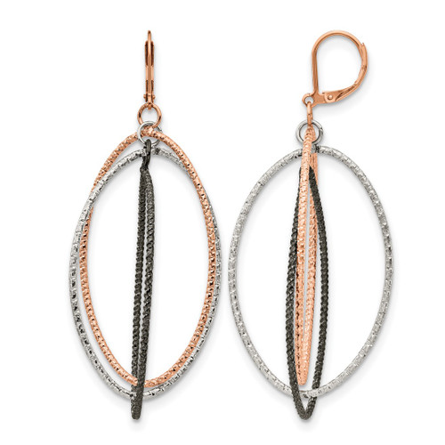 Chisel Stainless Steel Polished and Textured Gun and Rose Ion-Plated Dangle Leverback Drop Earrings, 71.4 mm