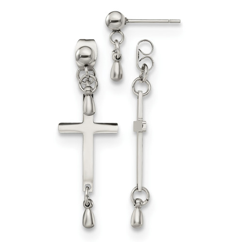 Chisel Stainless Steel Polished Cross Dangle Front and Back Post Dangle Earrings, 37 mm