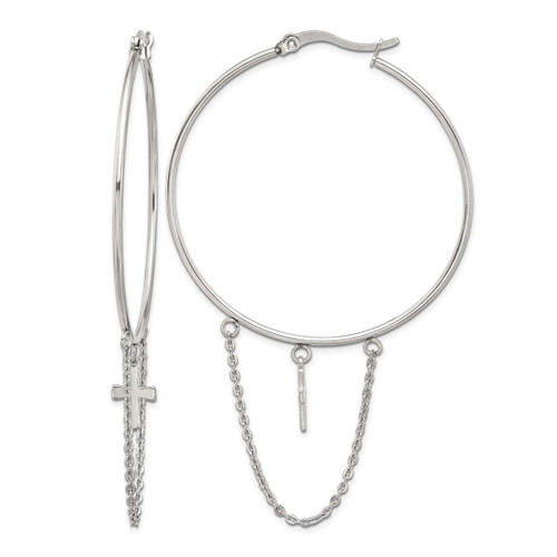 Chisel Stainless Steel Polished Chain and Cross Dangle Hoop Earrings, 51 mm
