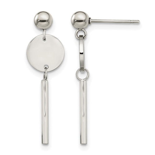 Chisel Stainless Steel Polished Disc with Bar Post Dangle Earrings, 28 mm