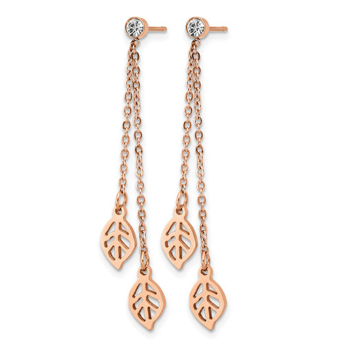 Chisel Stainless Steel Polished Rose Ion-Plated with Cubic Zirconia Leaf Post Dangle Earrings, 43.5 mm - View 2