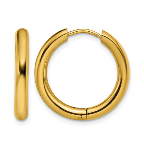 Chisel Stainless Steel Polished Yellow Ion-Plated 3 mm Hinged Hoop Earrings, 21 mm Long