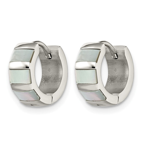 Chisel Stainless Steel Polished with Shell Simulated Pearl 5 mm Hinged Hoop Earrings, 12 mm Long - View 2