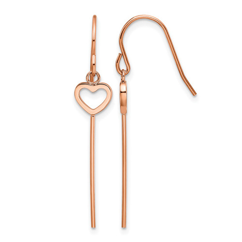 Chisel Stainless Steel Polished Rose Ion-Plated Heart and Bar Dangle Shepherd Hook Drop French Wire Earrings, 29 mm