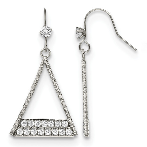 Stainless Steel Polished with Cubic Zirconia Triangle Dangle Shepherd Hook Drop French Wire Earrings, 25 mm