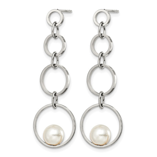 Stainless Steel Polished with Simulated Pearl Post Dangle Earrings, 45.5 mm - View 2