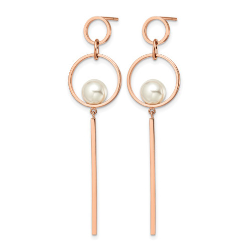 Chisel Stainless Steel Polished Rose Ion-Plated Simulated Pearl Post Dangle Earrings, 58.5 mm - View 2