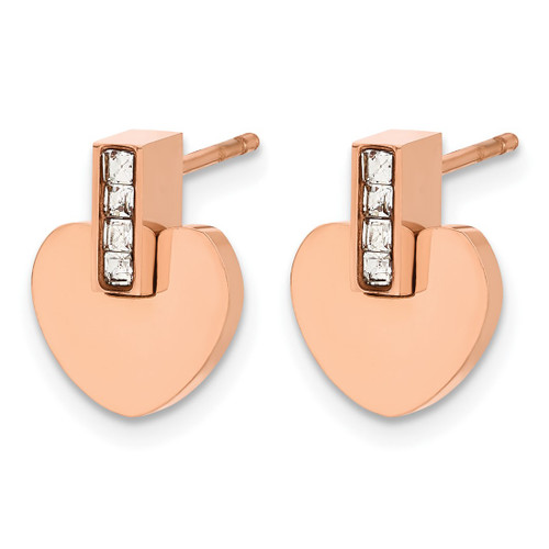 Chisel Stainless Steel Polished Rose Ion-Plated Heart with Cubic Zirconia Stud Earrings, 12.5 mm - View 2