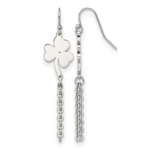 Chisel Stainless Steel Polished 4-Leaf Clover Dangle Shepherd Hook Drop French Wire Earrings, 41 mm