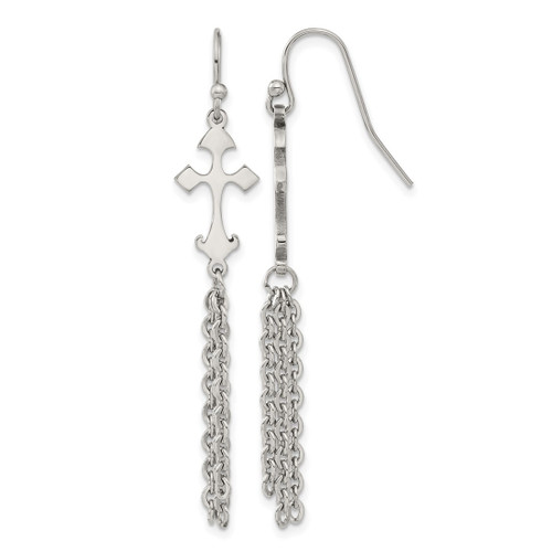 Chisel Stainless Steel Polished Cross Dangle Shepherd Hook Drop French Wire Earrings, 47 mm