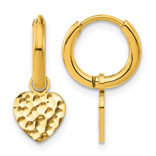 Chisel Stainless Steel Polished Hammered Yellow Ion-Plated Heart Dangle Hoop Drop Earrings, 19 mm