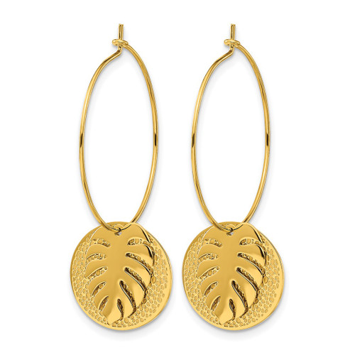 Chisel Stainless Steel Polished Textured Yellow Ion-Plated Leaf Dangle Hoop Earrings, 36 mm - View 2