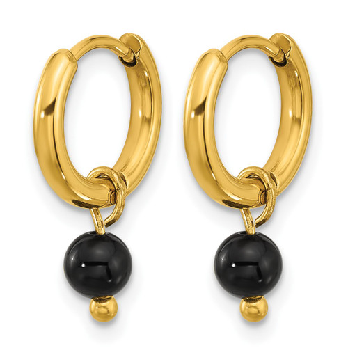 Chisel Stainless Steel Polished Yellow Ion-Plated with Removeable Black Agate Dangle Hinged Hoop Earrings, 27 mm, 4.5 mm Wide - SRE1648 - View 2