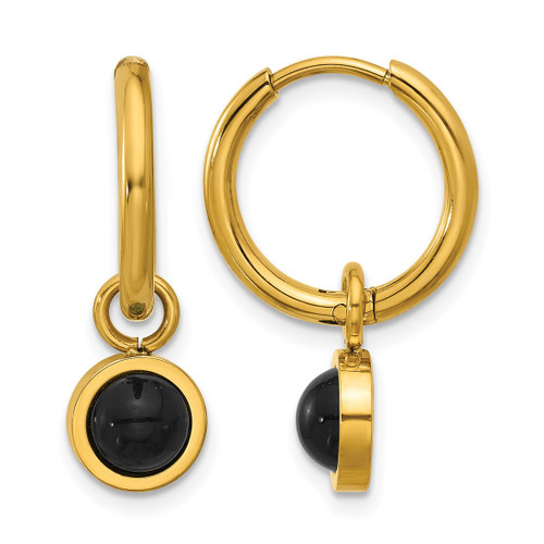 Chisel Stainless Steel Polished Yellow Ion-Plated with Removeable Black Agate Dangle Hinged Hoop Earrings, 27 mm, 2 mm Wide