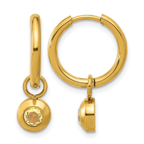 Chisel Stainless Steel Polished Yellow Ion-Plated with Removeable Yellow Cubic Zirconia Dangle Hinged Hoop Earrings, 24 mm