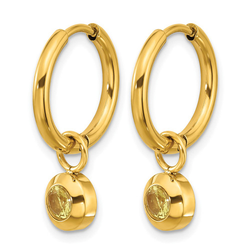 Chisel Stainless Steel Polished Yellow Ion-Plated with Removeable Yellow Cubic Zirconia Dangle Hinged Hoop Earrings, 24 mm - View 2