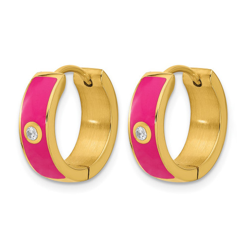 Chisel Stainless Steel Polished Yellow Ion-Plated with Dark Pink Enamel and Cubic Zirconia 5 mm Hinged Hoop Earrings, 15 mm Long - View 2