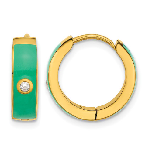 Chisel Stainless Steel Polished Yellow Ion-Plated with Green Enamel and Cubic Zirconia 5 mm Hinged Hoop Earrings, 15 mm Long