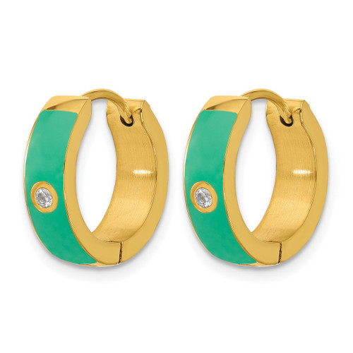 Chisel Stainless Steel Polished Yellow Ion-Plated with Green Enamel and Cubic Zirconia 5 mm Hinged Hoop Earrings, 15 mm Long - View 2