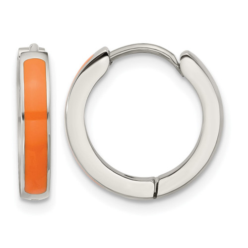 Chisel Stainless Steel Polished with Orange Enamel 2.90 mm Hinged Hoop Earrings, 15 mm Long
