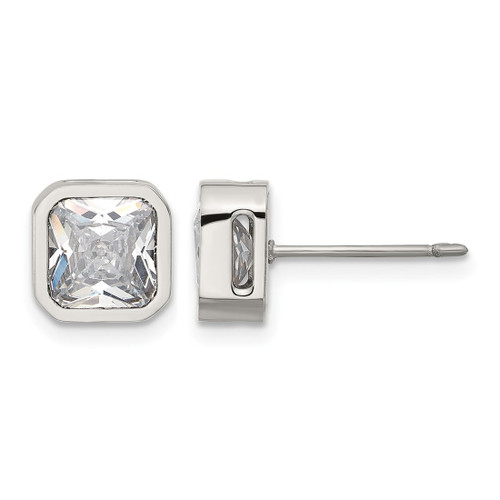 Chisel Stainless Steel Polished 7 mm Cubic Zirconia Squared Stud Earrings, 8 mm Long