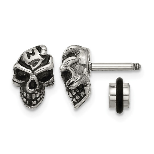 Chisel Stainless Steel Antiqued and Polished Skull Stud Earrings, 10 mm