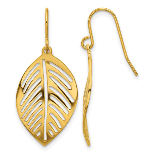 Chisel Stainless Steel Polished Yellow Ion-Plated Leaf Dangle Shepherd Hook Drop French Wire Earrings, 34 mm