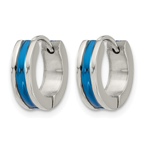 Stainless Steel Polished Blue Ion-Plated Center 4 mm Hoop Earrings, 13 mm Long - View 2