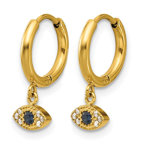 Chisel Stainless Steel Polished Yellow Ion-Plated Blue and White Zircon Evil Eye Dangle Hinged Hoop Earrings, 16 mm - View 2