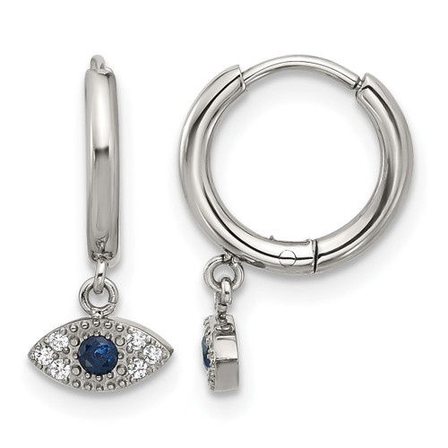 Chisel Stainless Steel Polished Blue and White Zircon Evil Eye Dangle Hinged Hoop Earrings, 16 mm