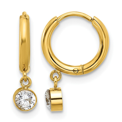 Chisel Stainless Steel Polished Yellow Ion-Plated White Zircon Dangle Hinged Hoop Earrings, 17 mm
