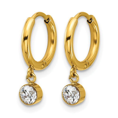 Chisel Stainless Steel Polished Yellow Ion-Plated White Zircon Dangle Hinged Hoop Earrings, 17 mm - View 2