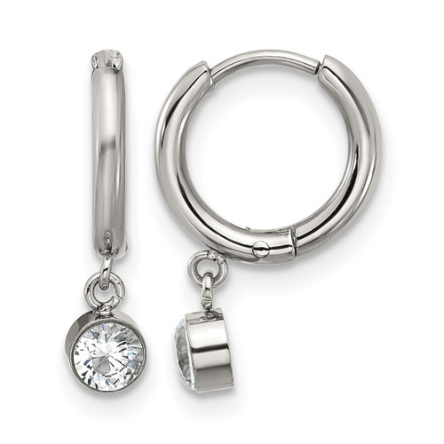 Chisel Stainless Steel Polished White Zircon Dangle Hinged Hoop Earrings, 17 mm
