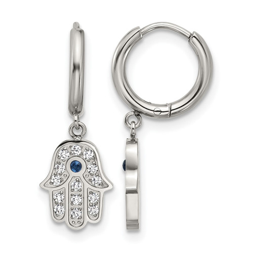 Chisel Stainless Steel Polished Blue and White Zircon Hamsa Dangle Hinged Hoop Earrings, 23.5 mm