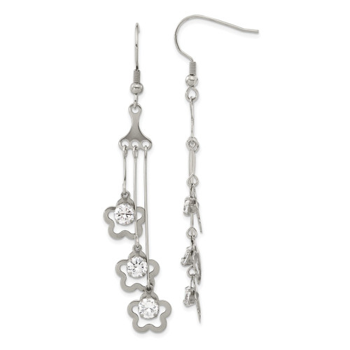 Stainless Steel with Cubic Zirconia Flower Dangle French Wire Earrings, 75 mm