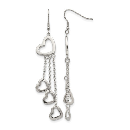 Chisel Stainless Steel Polished Hearts Dangle Shepherd Hook Drop French Wire Earrings, 74 mm