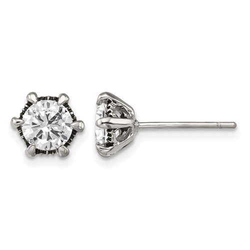 Chisel Stainless Steel Antiqued and Polished Cubic Zirconia Stud Earrings, 8 mm - SRE303